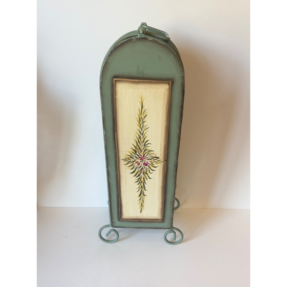 Vintage French Country Metal Wine Rack 4 Bottle Sage Green Floral Shabby Chic